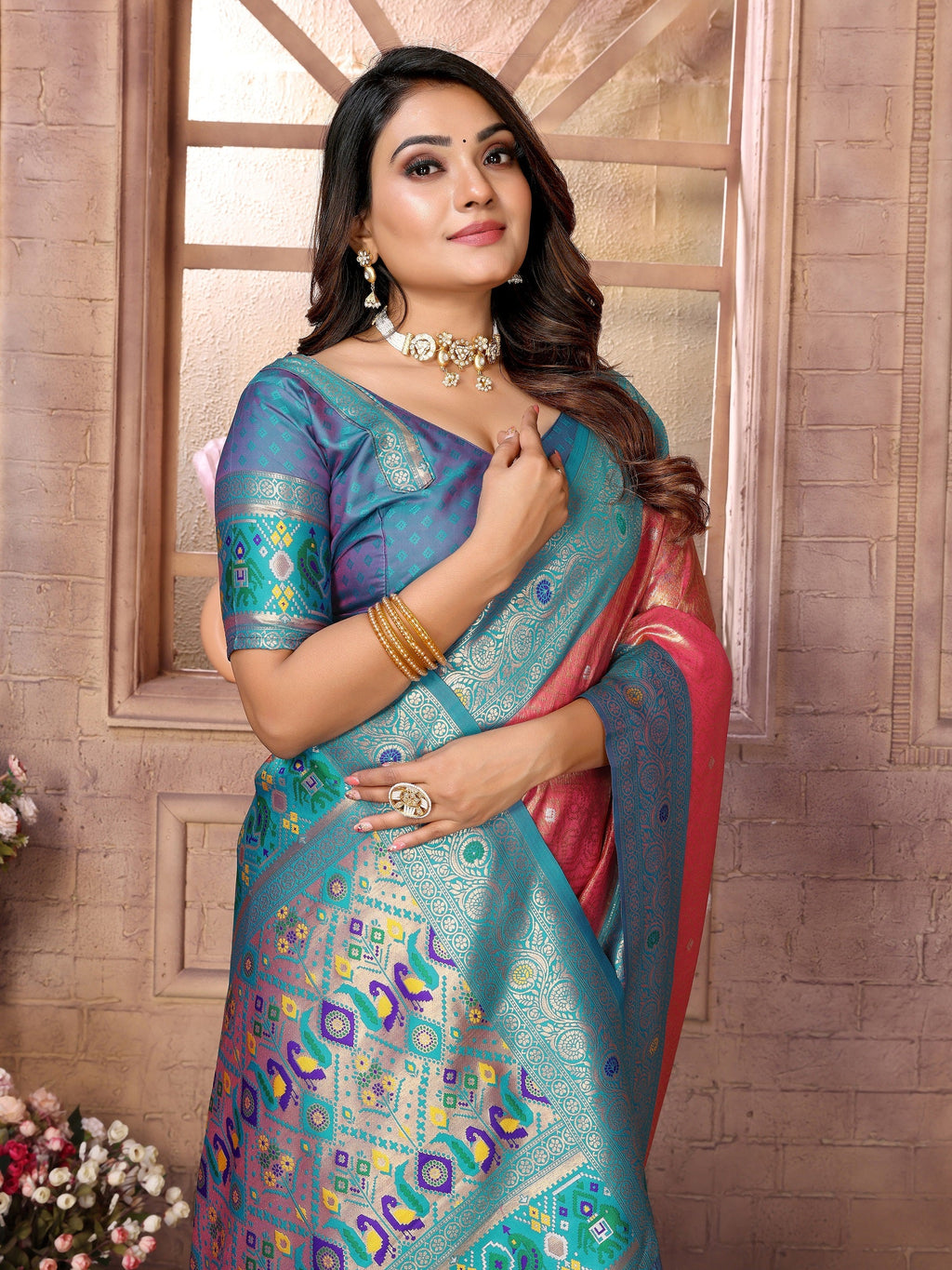 Vedant Vastram Tissue Silk Paithani Silk Saree - Peach