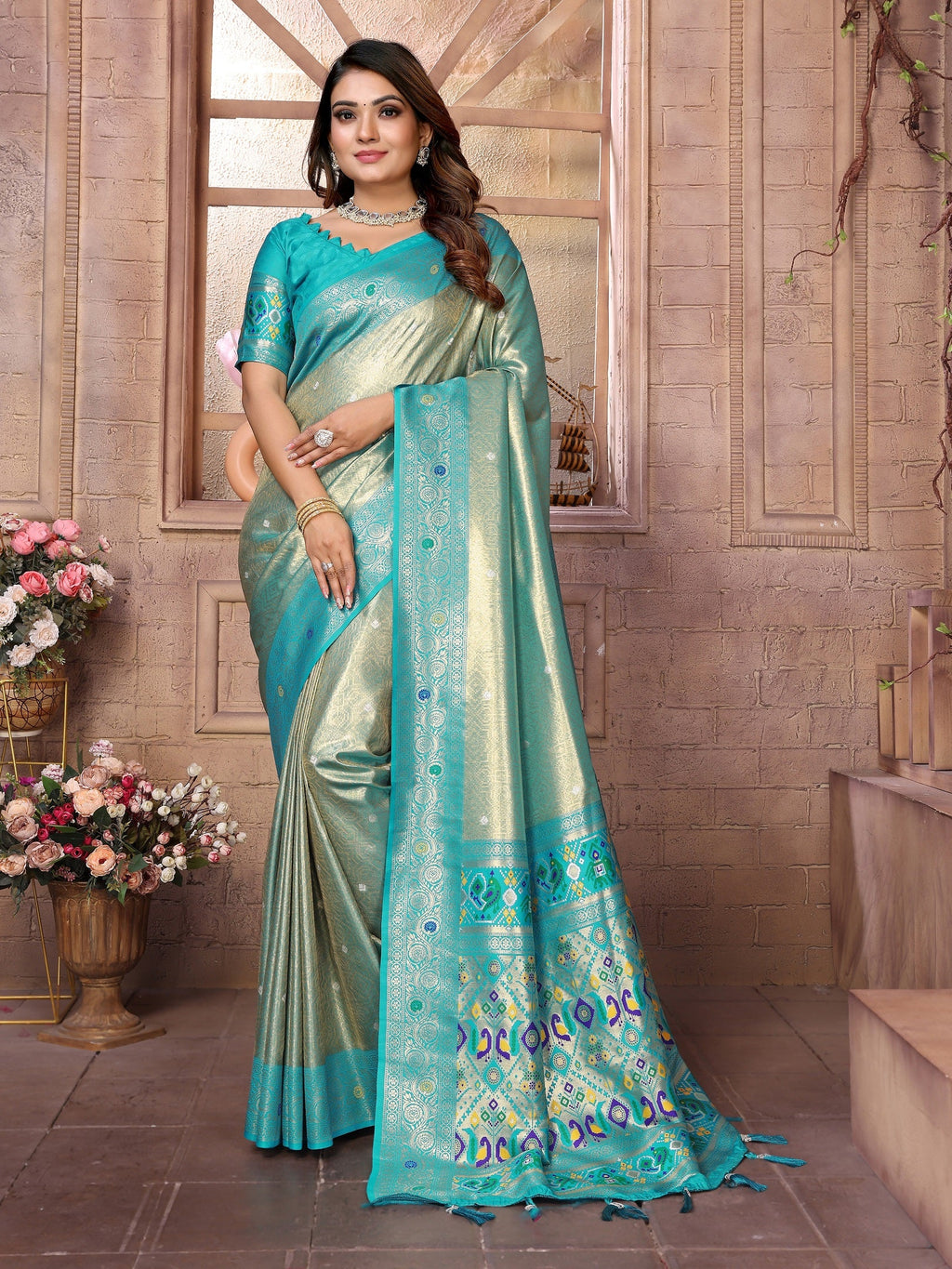 Vedant Vastram Tissue Silk Paithani Silk Saree - Rama