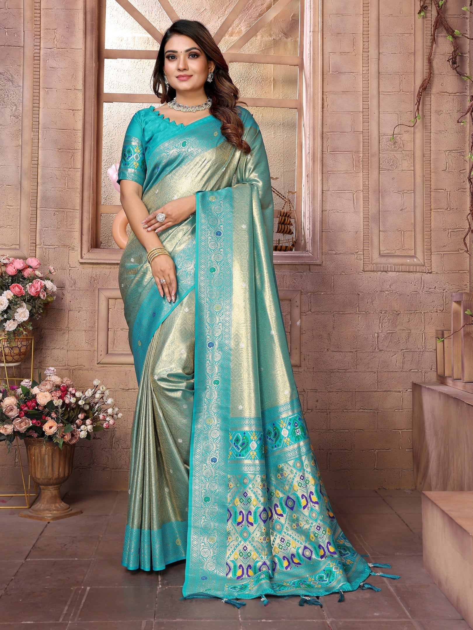 Vedant Vastram Tissue Silk Paithani Silk Saree - Rama