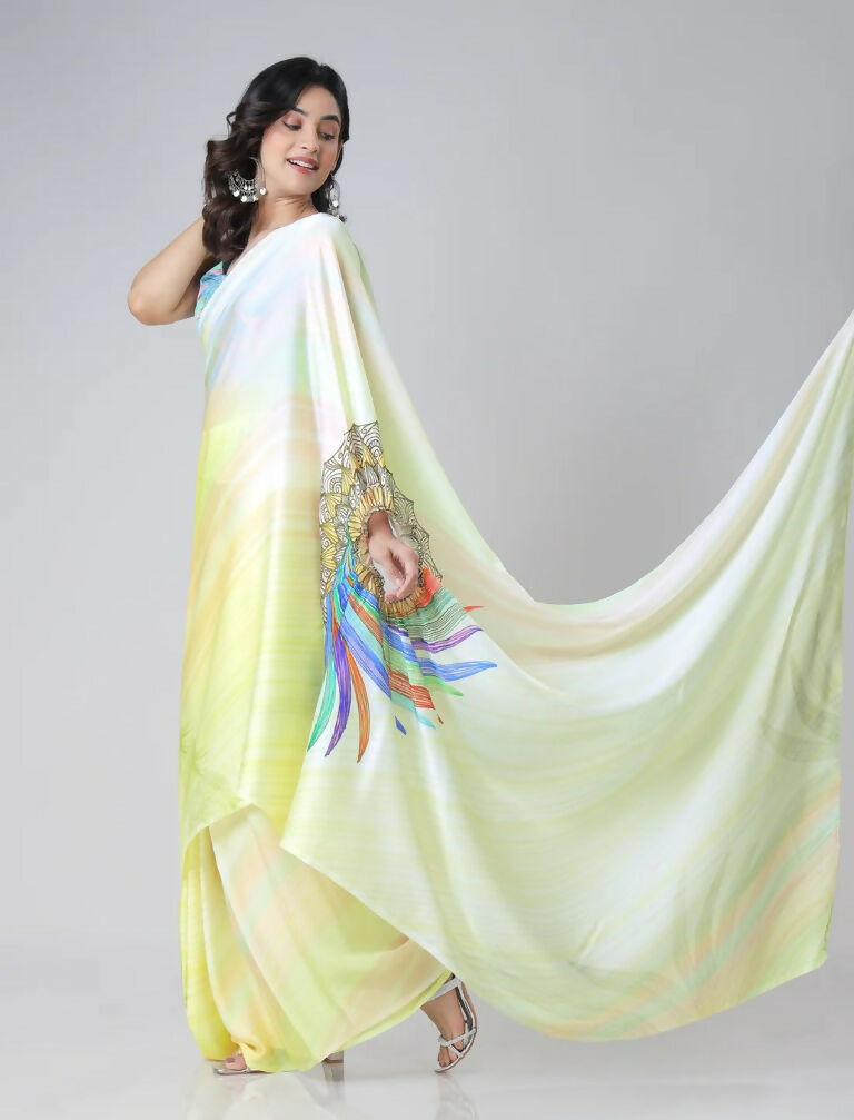 Vastranavya Ombre Yellow Multi-Color Leaves Mandalaa Print Freehand Ready to Wear Saree
