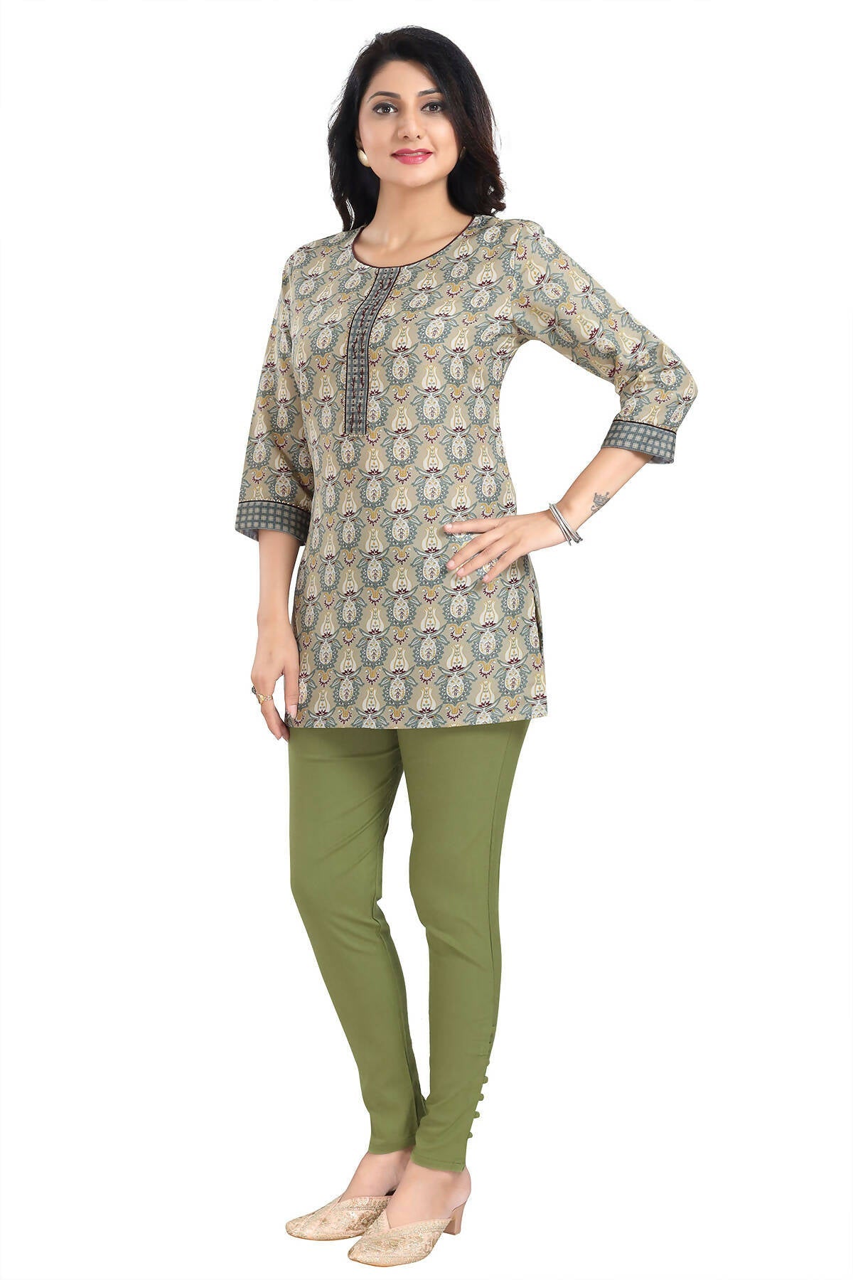 Snehal Creations Pretty Pastle Variyali Green Rayon Short Kurti Tunic Top