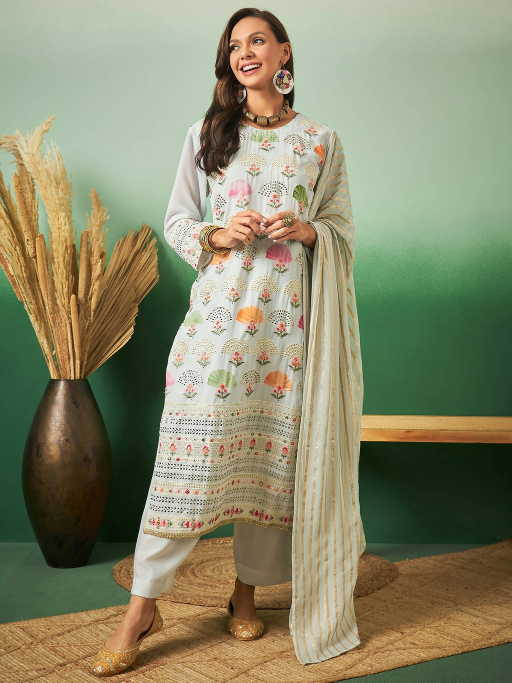 Light Blue Georgette Handwork Unstitched Dress Material - Hanika