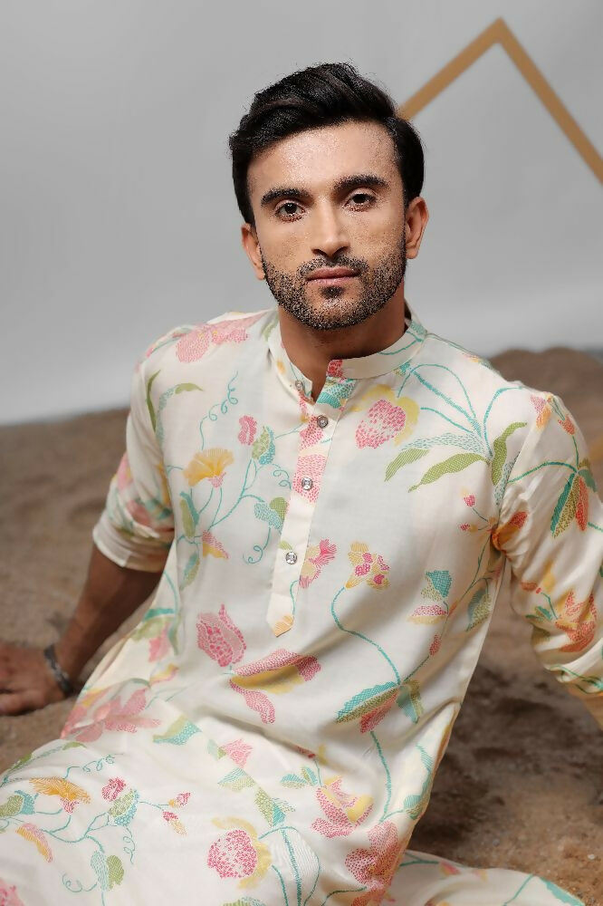White Muslin Designer Printed Kurta Set - Mahotsav