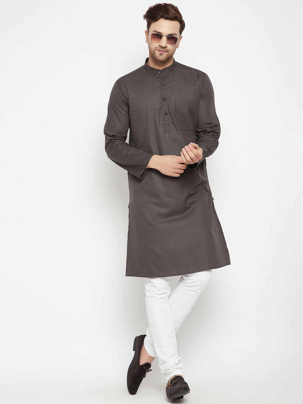 Even Apparels Brown Color Pure Cotton Long Men's Kurta With Band Collar
