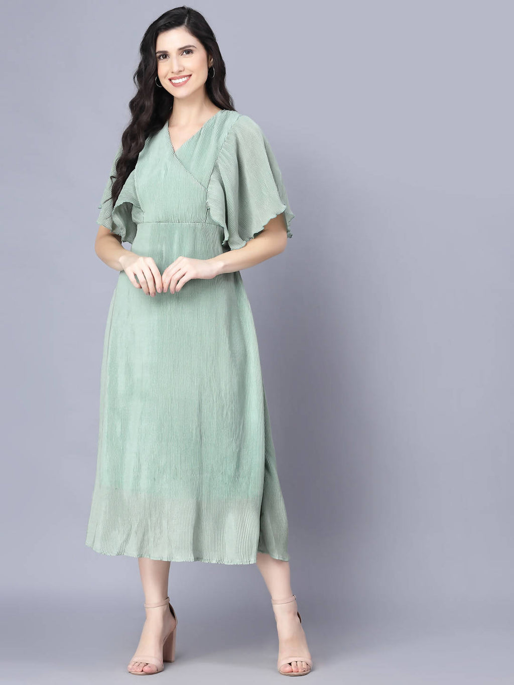 Myshka Chiffon Solid Short Sleeve V Neck Green Women Dress