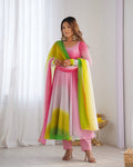 Lorenvalley Women Pure Soft Faux Georgette Colorful Padding Anarkali Kurta Pant With Dupatta Set - Multicolor