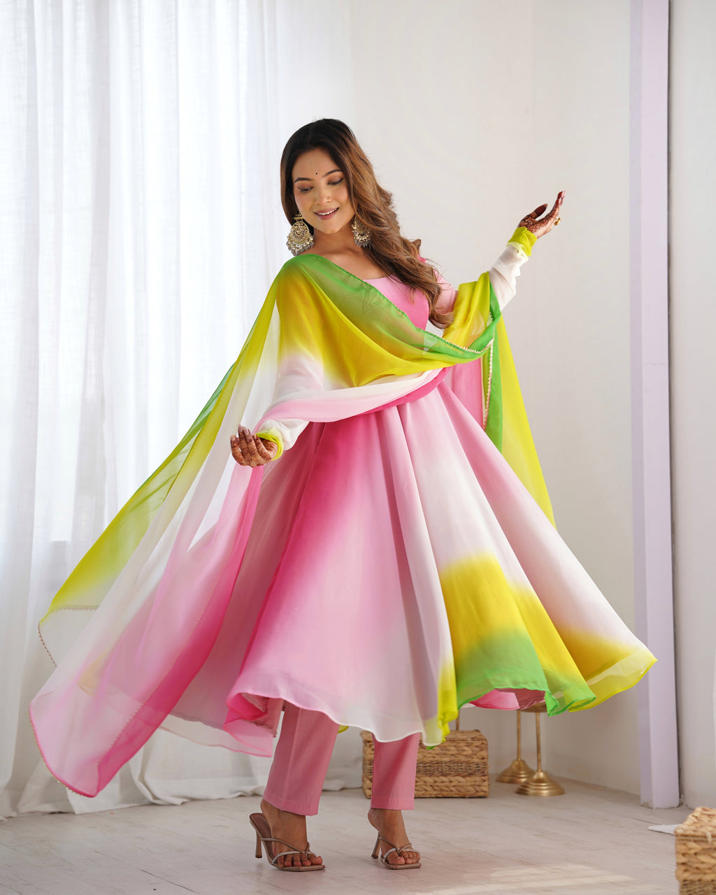 Lorenvalley Women Pure Soft Faux Georgette Colorful Padding Anarkali Kurta Pant With Dupatta Set - Multicolor