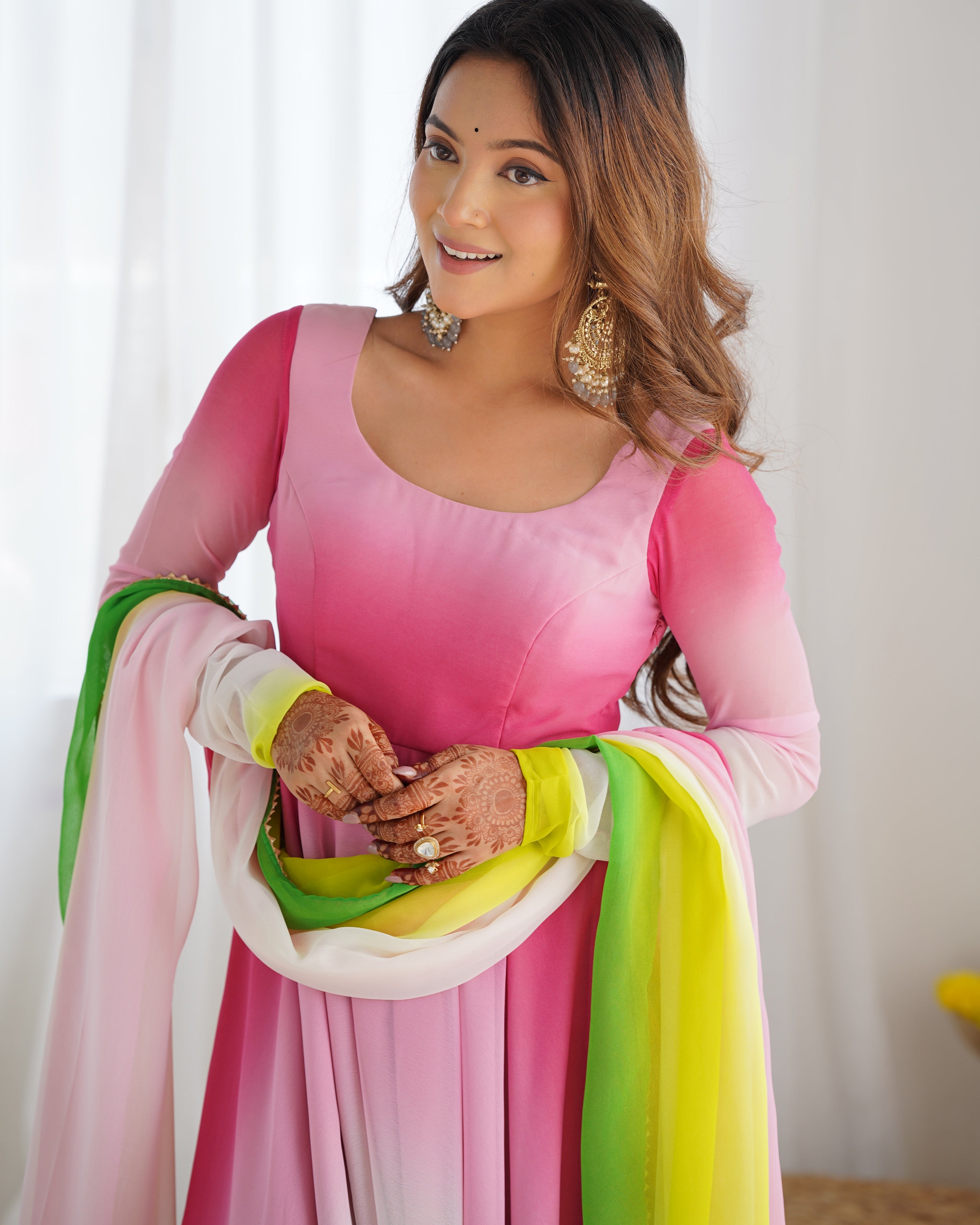 Lorenvalley Women Pure Soft Faux Georgette Colorful Padding Anarkali Kurta Pant With Dupatta Set - Multicolor