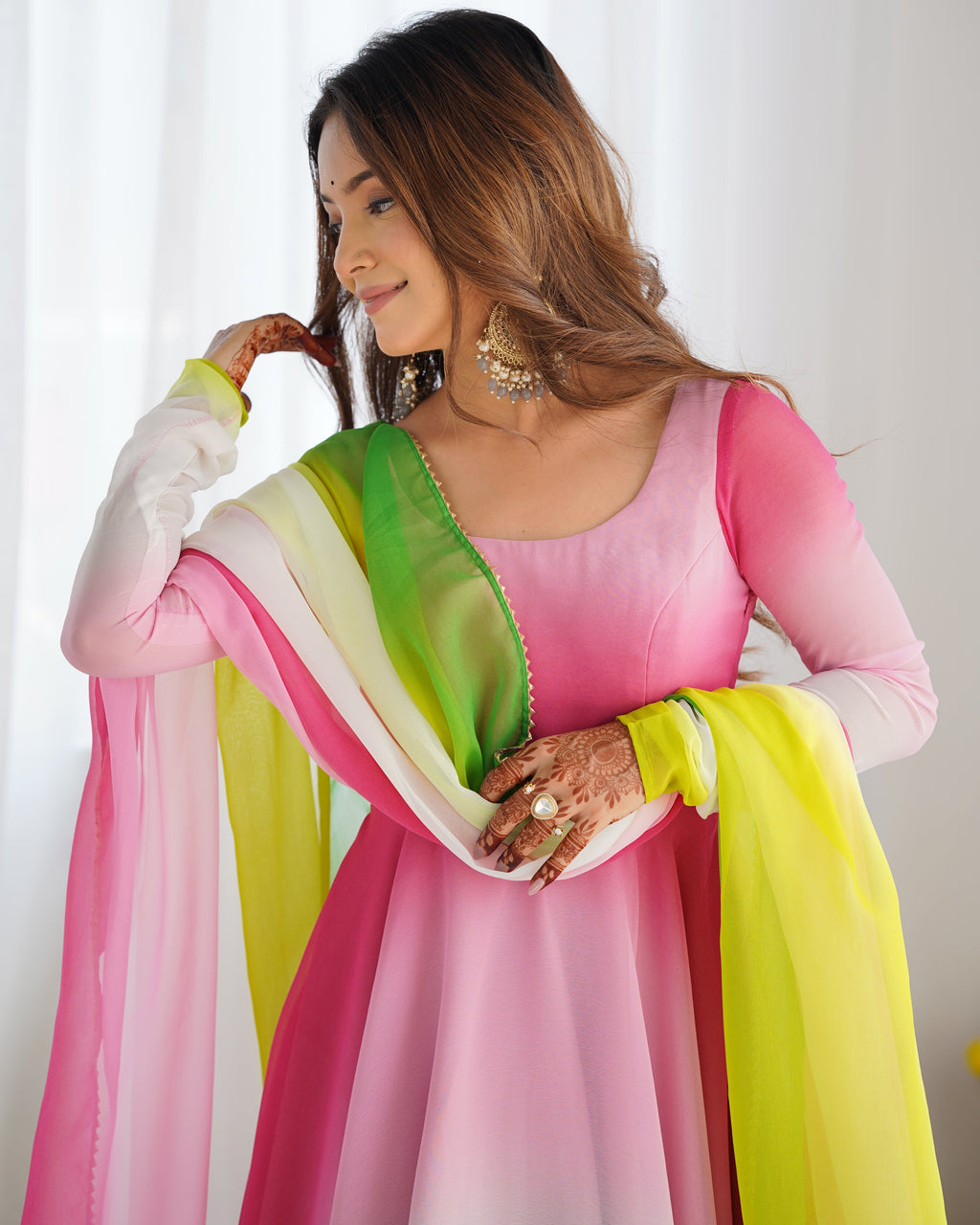 Lorenvalley Women Pure Soft Faux Georgette Colorful Padding Anarkali Kurta Pant With Dupatta Set - Multicolor