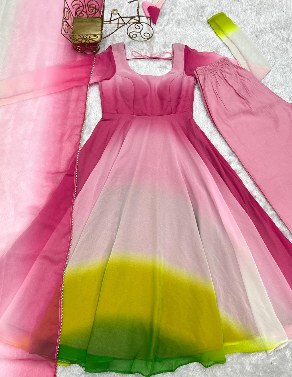 Lorenvalley Women Pure Soft Faux Georgette Colorful Padding Anarkali Kurta Pant With Dupatta Set - Multicolor