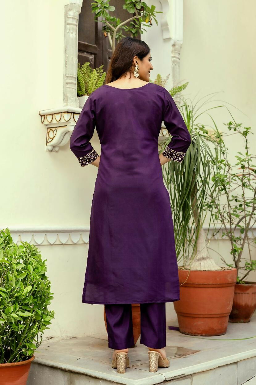 The52 Wine Women's Beautiful Viscose Chanderi Fabric Thread Work Straight Kurta Pant and Dupatta Set