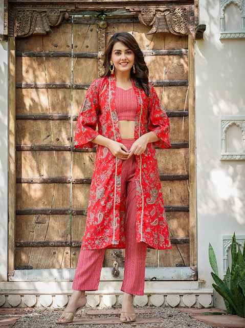 Yufta Muslin Red Co-ord Set With Crop Top And Pant