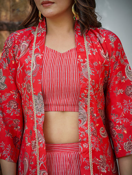 Yufta Muslin Red Co-ord Set With Crop Top And Pant