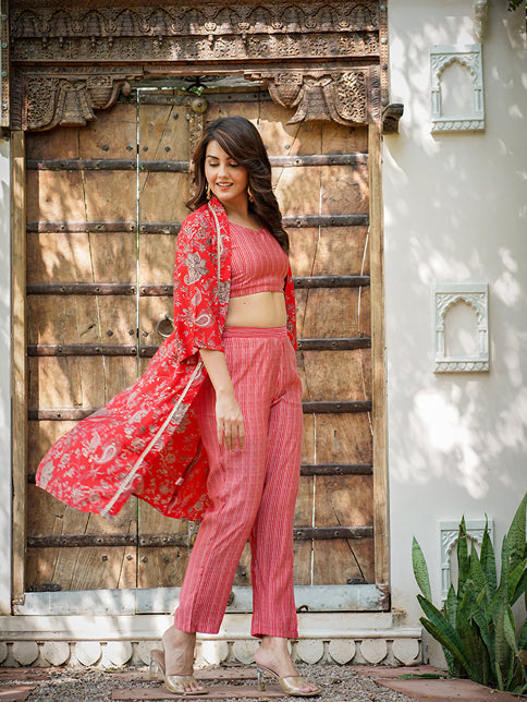 Yufta Muslin Red Co-ord Set With Crop Top And Pant