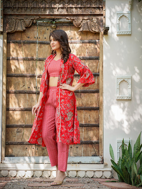 Yufta Muslin Red Co-ord Set With Crop Top And Pant