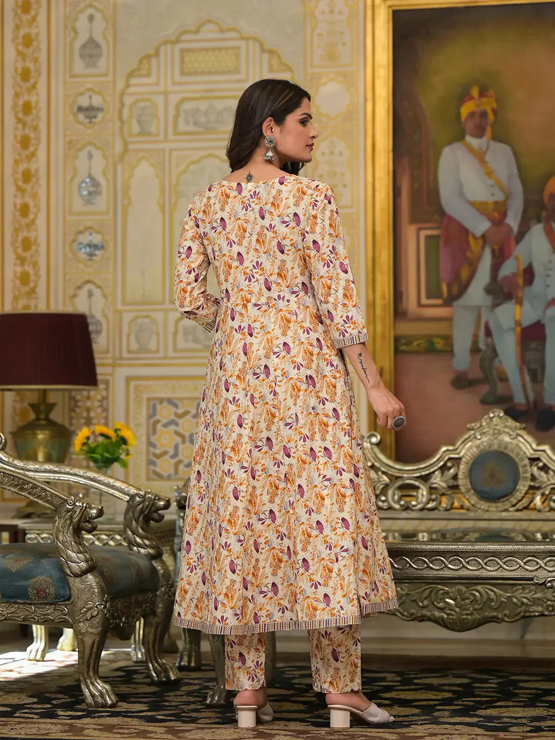 Yufta Mustard Leaf Print Zari Work Anarkali Kurta Trouser With Dupatta Set