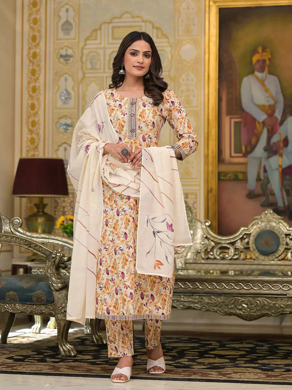 Yufta Mustard Leaf Print Zari Work Anarkali Kurta Trouser With Dupatta Set