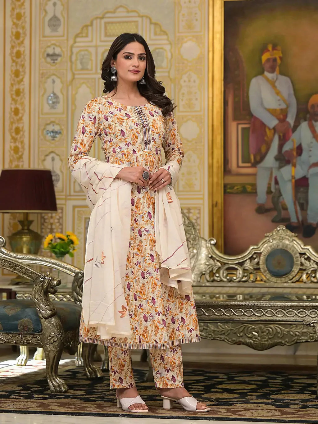 Yufta Mustard Leaf Print Zari Work Anarkali Kurta Trouser With Dupatta Set