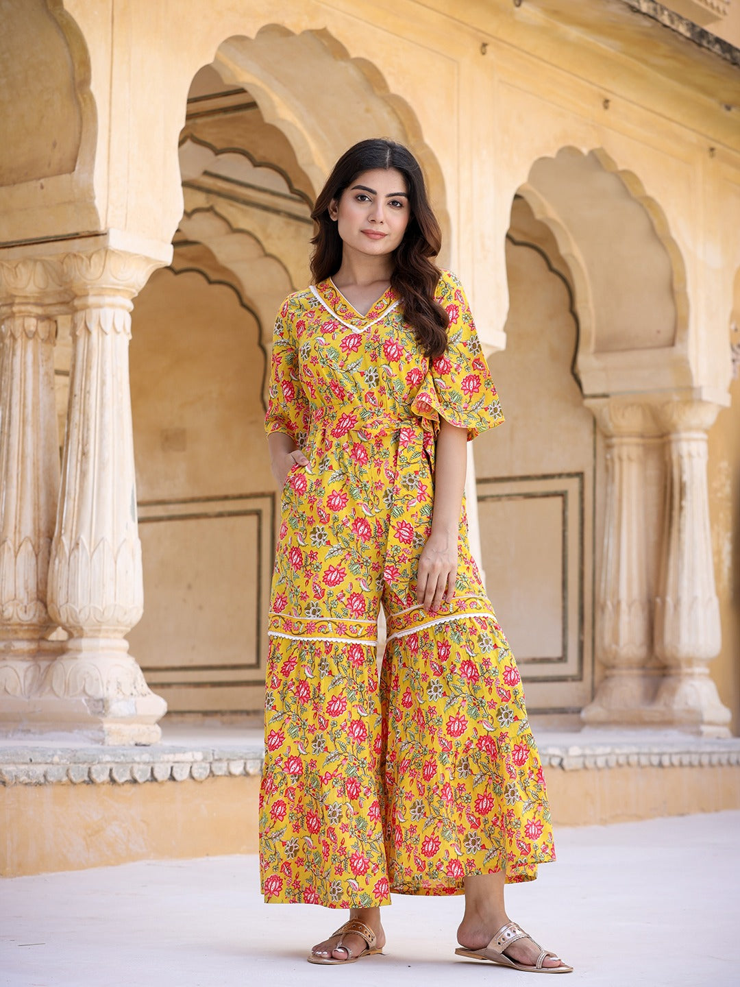 Yufta Mustard Printed Jumpsuit