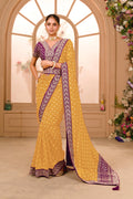 Teeya Creation Yellow Color Chinnon Silk Heavy Embroidery Work Saree
