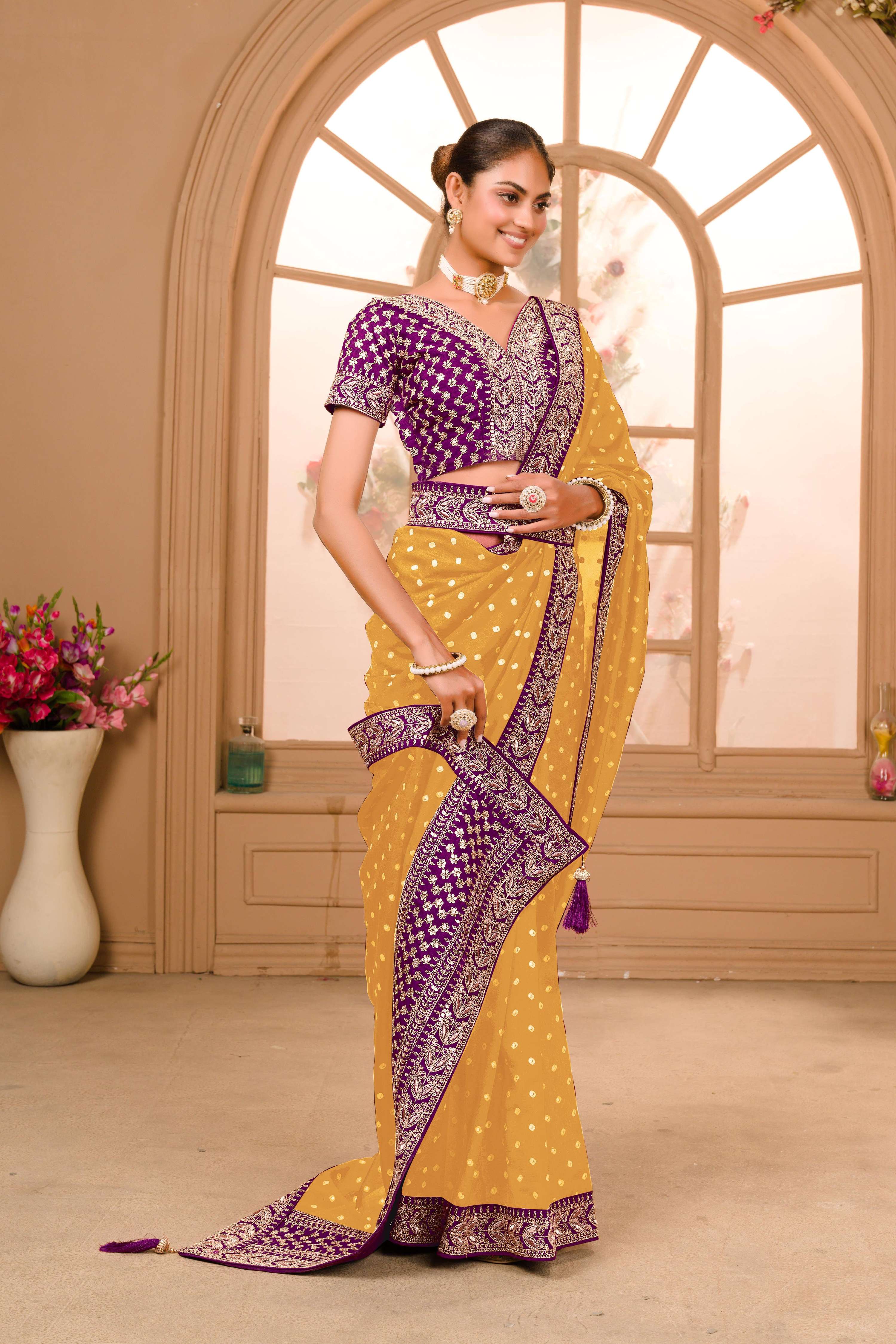 Teeya Creation Yellow Color Chinnon Silk Heavy Embroidery Work Saree