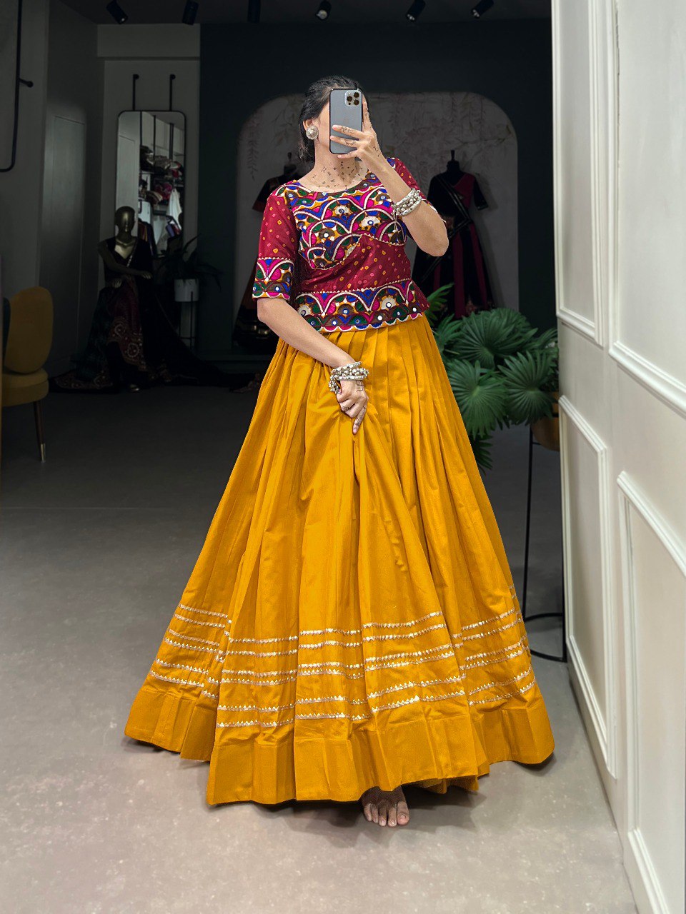 Lorenvalley Mustard Pure Cotton Plain With Gota Patti Touch Up Lehenga Choli