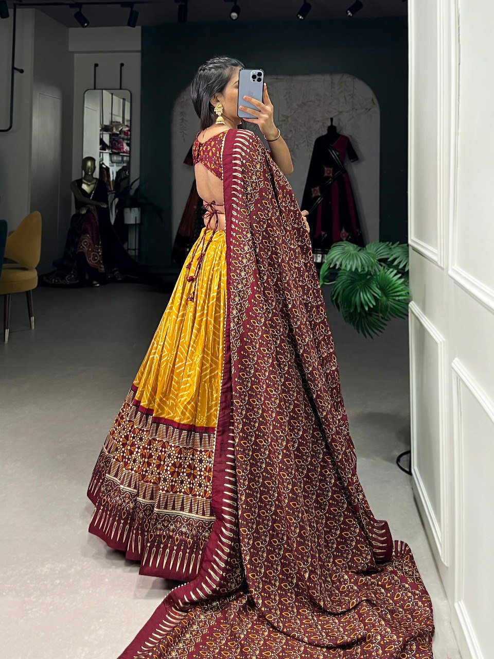Lorenvalley Mustard Tussar Silk Bandhej And Ajarakh Print Lehenga Choli with Dupatta