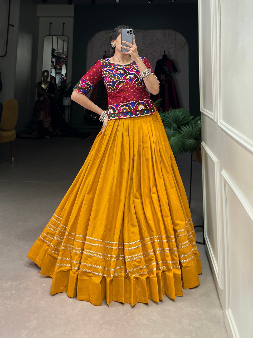 Lorenvalley Pure Cotton Mustard Plain With Gota Patti Touch Up Lehenga Choli