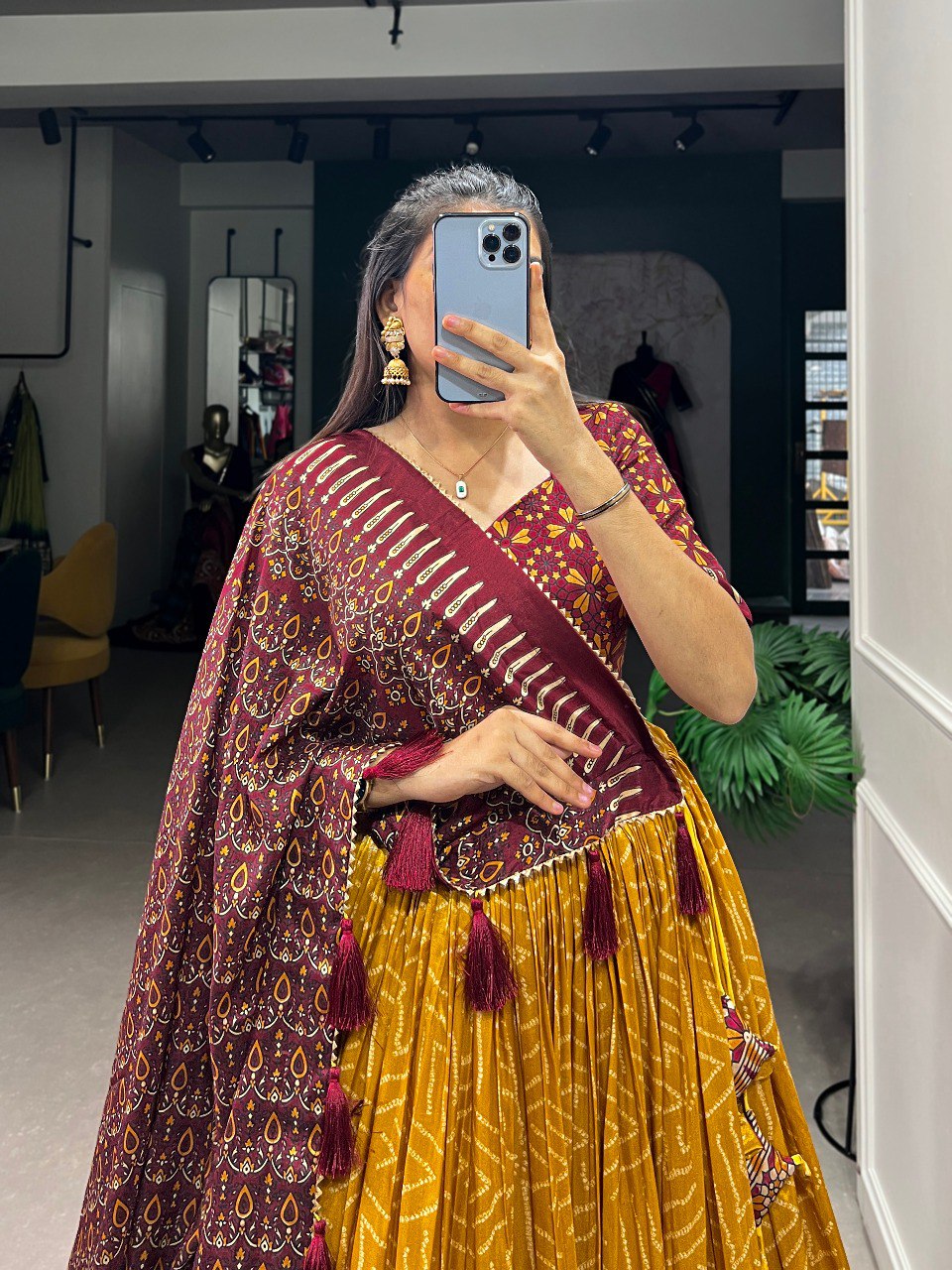 Lorenvalley Mustard Tussar Silk Bandhej And Ajarakh Print Lehenga Choli with Dupatta
