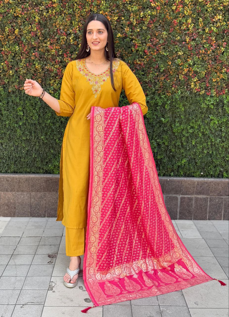 Lorenvalley Fashion Mustard Roman Silk Hand Work Kurta Pant with Dupatta