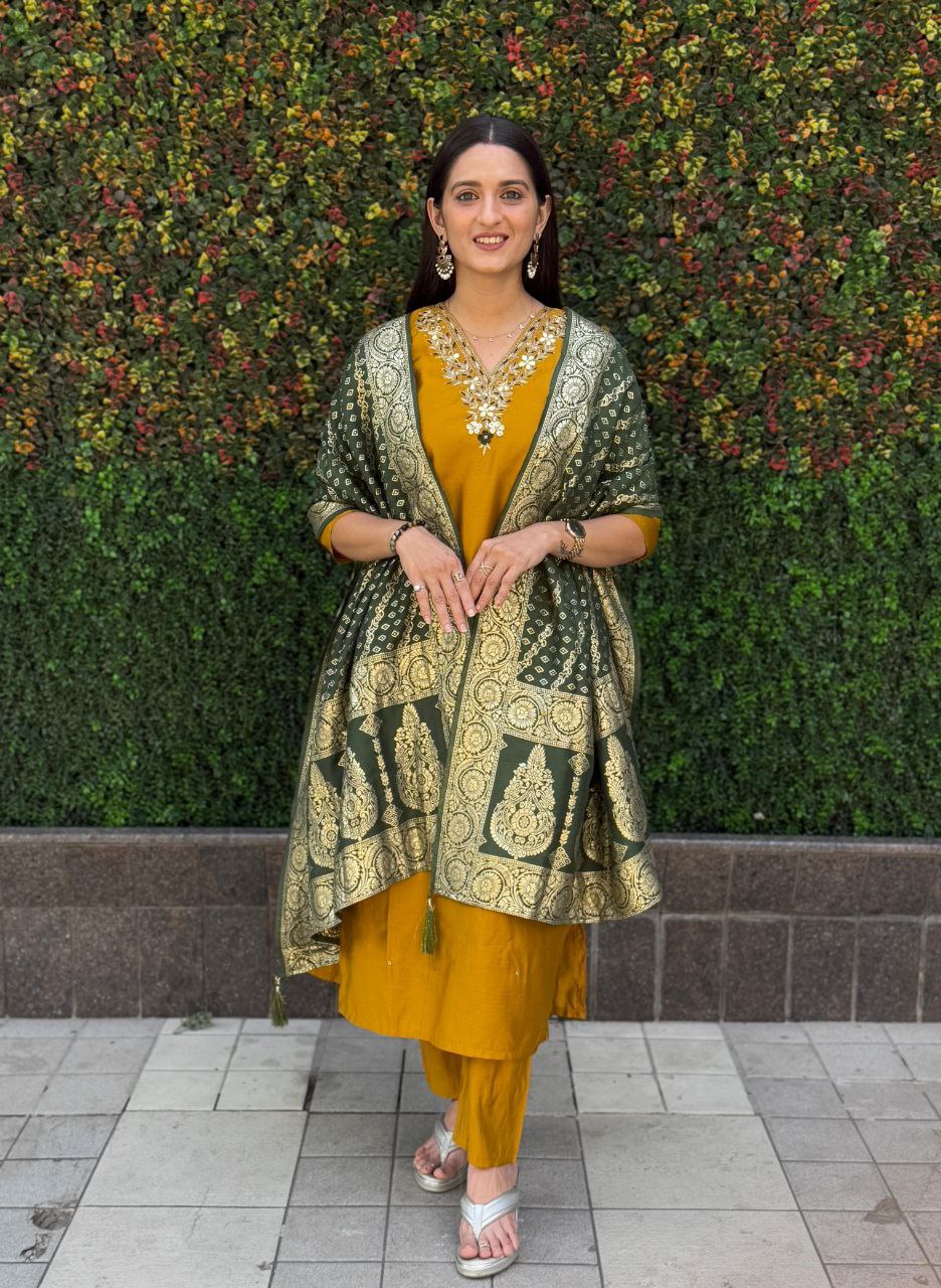 Lorenvalley Fashion Mustard Roman Silk Hand Work Kurta Pant with Dupatta