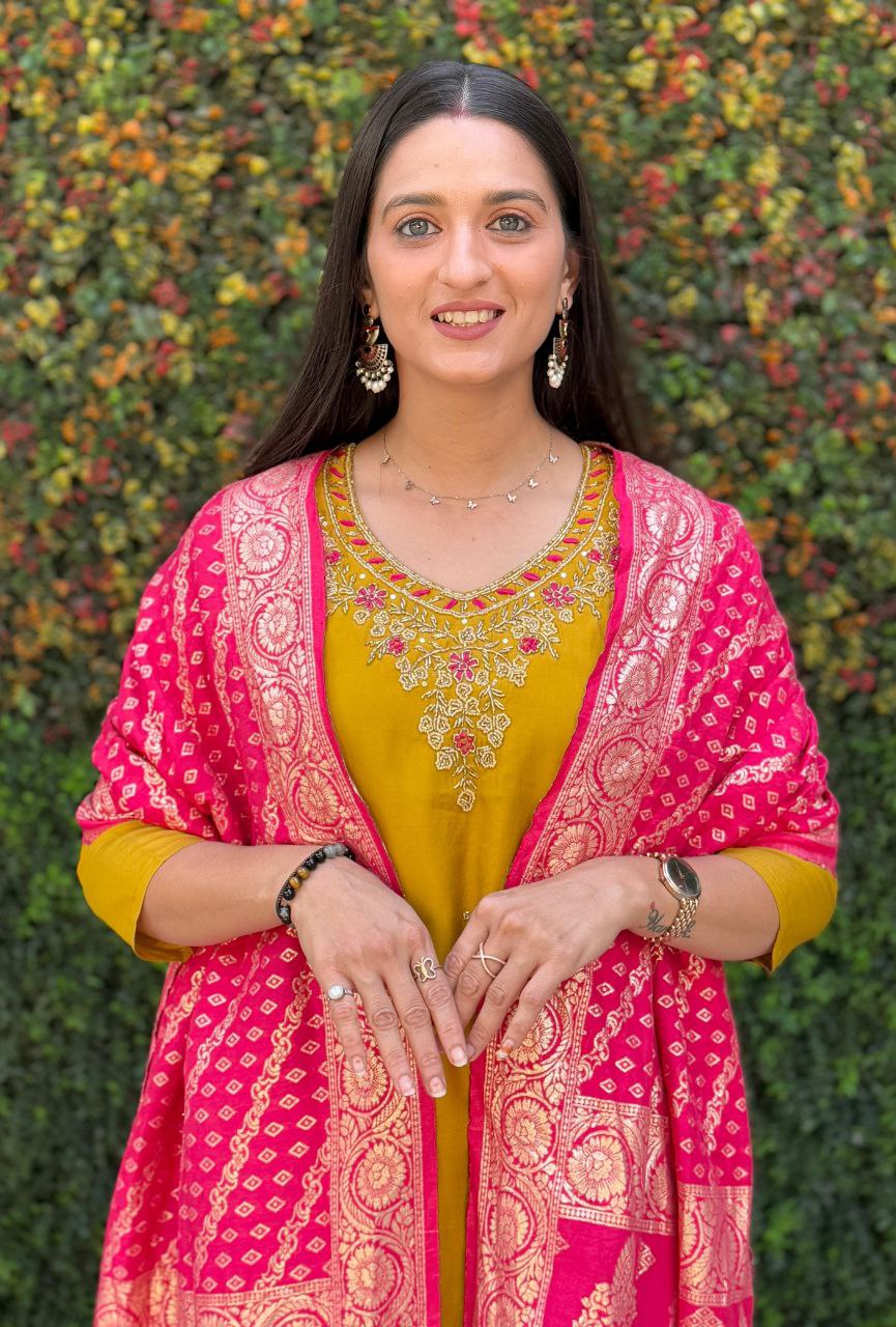 Lorenvalley Fashion Mustard Roman Silk Hand Work Kurta Pant with Dupatta