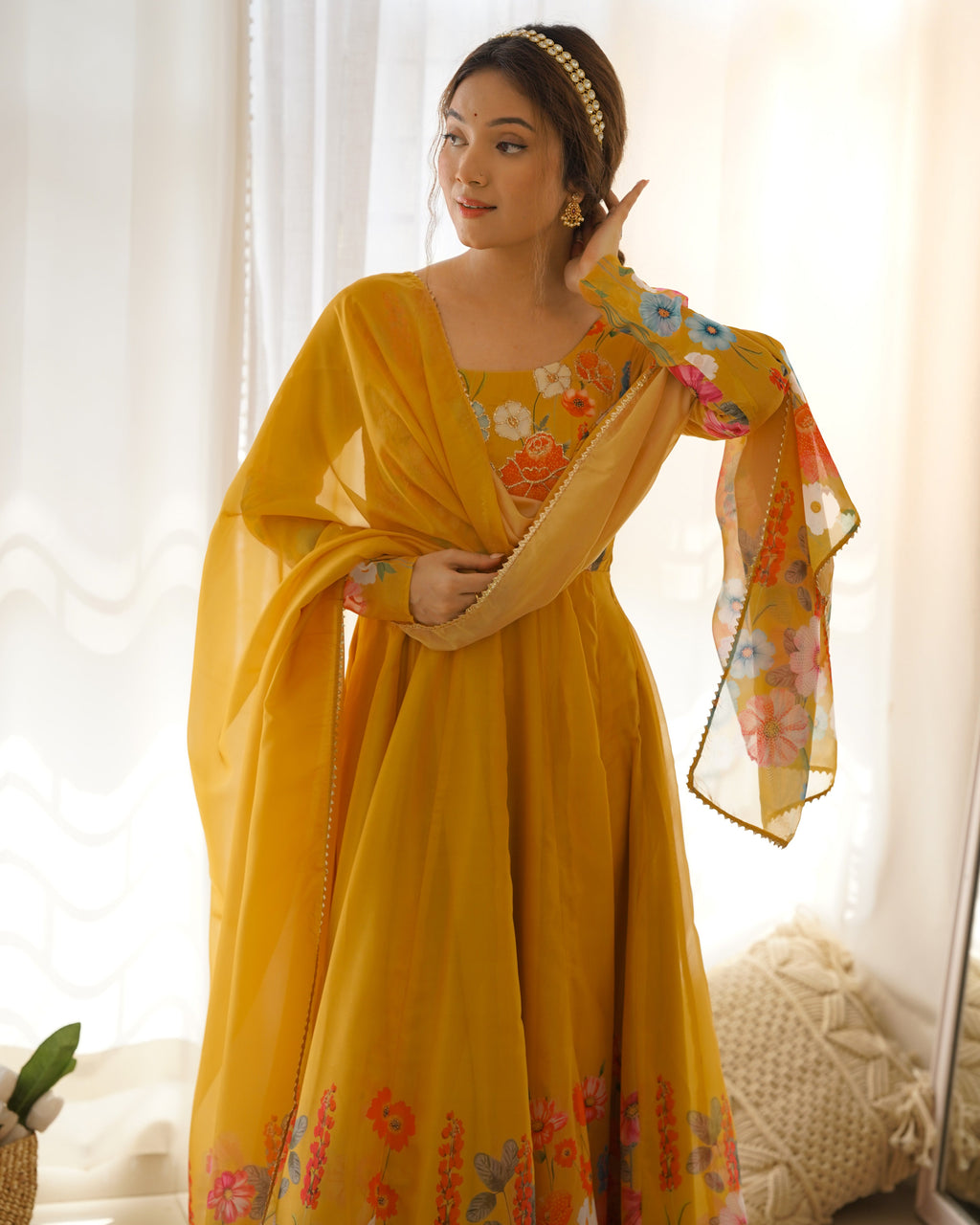 Lorenvalley Parrot Soft Organza Silk With Floral Print Fully Flared Anarkali Pant With Dupatta Set - Mustard