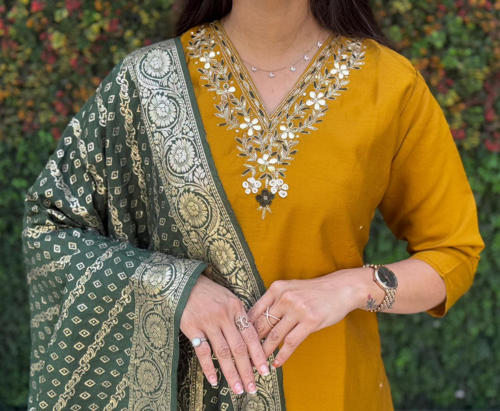 Lorenvalley Fashion Mustard Roman Silk Hand Work Kurta Pant with Dupatta