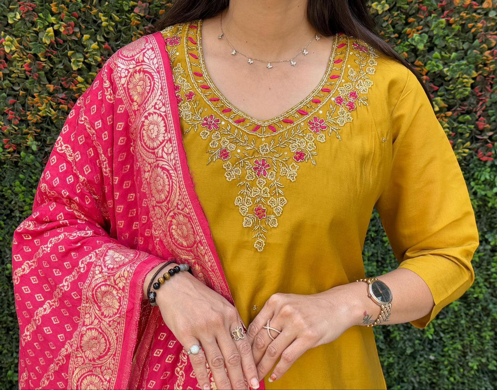 Lorenvalley Fashion Mustard Roman Silk Hand Work Kurta Pant with Dupatta