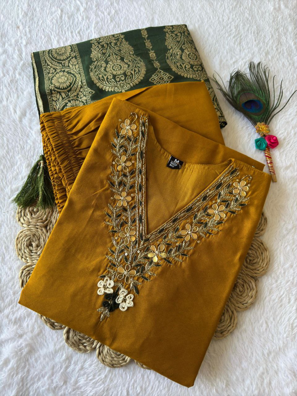 Lorenvalley Fashion Mustard Roman Silk Hand Work Kurta Pant with Dupatta
