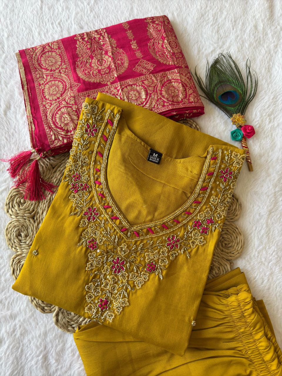Lorenvalley Fashion Mustard Roman Silk Hand Work Kurta Pant with Dupatta
