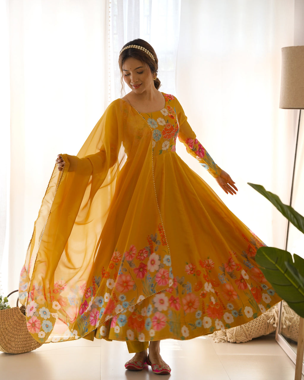 Lorenvalley Parrot Soft Organza Silk With Floral Print Fully Flared Anarkali Pant With Dupatta Set - Mustard