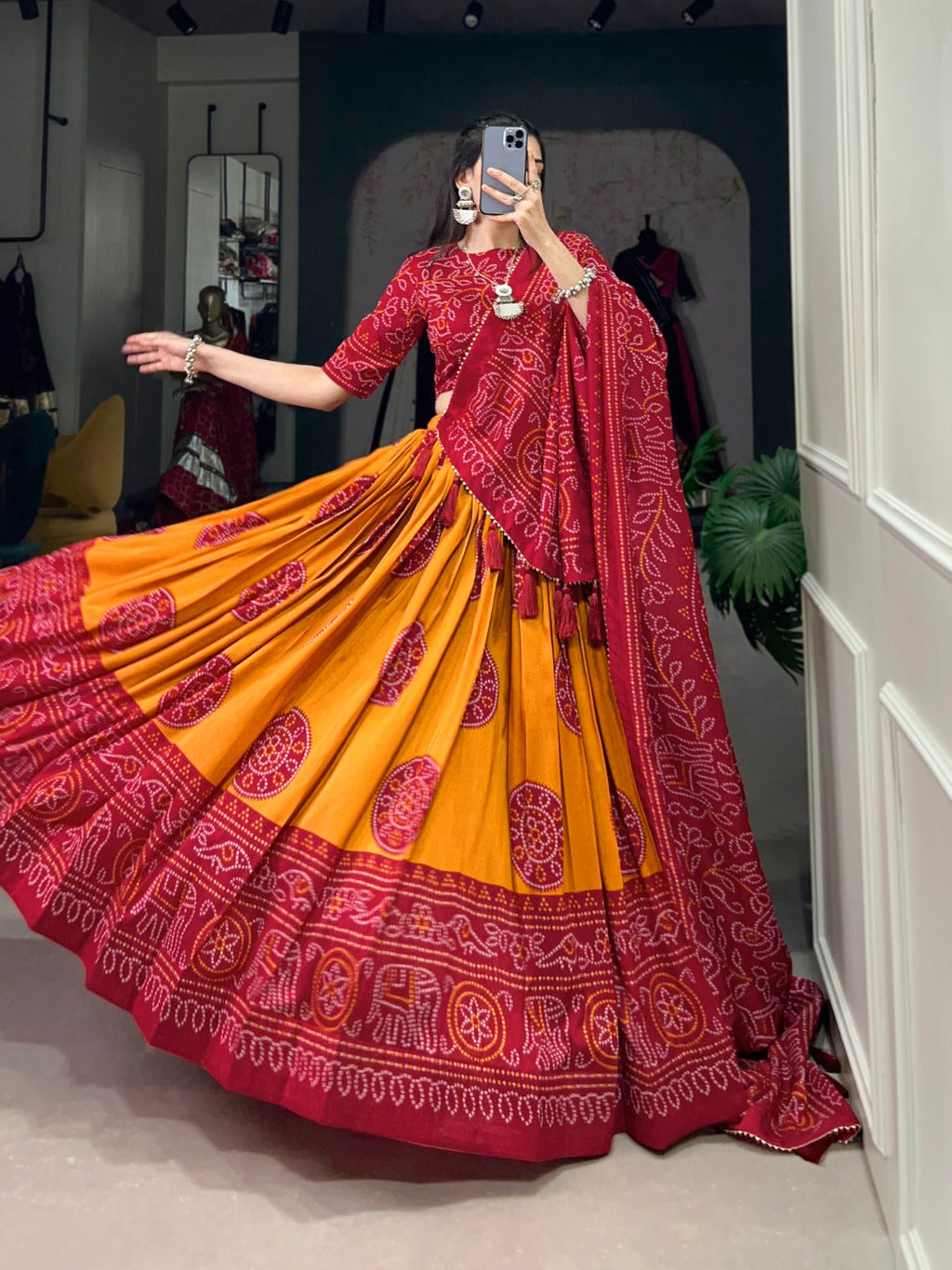Lorenvalley Mustrad Tussar Silk with Bandhej Print Lehenga Choli