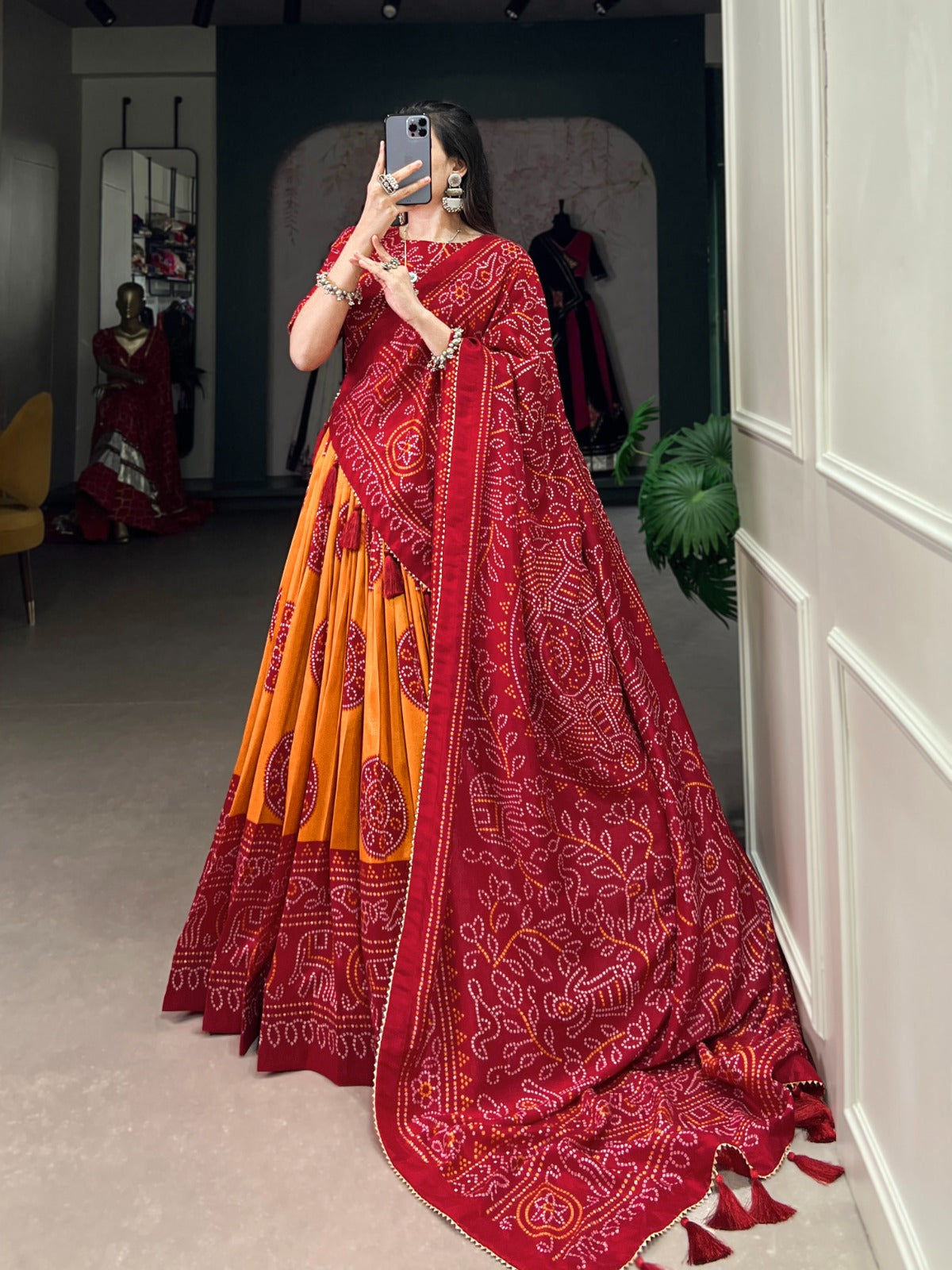 Lorenvalley Mustrad Tussar Silk with Bandhej Print Lehenga Choli