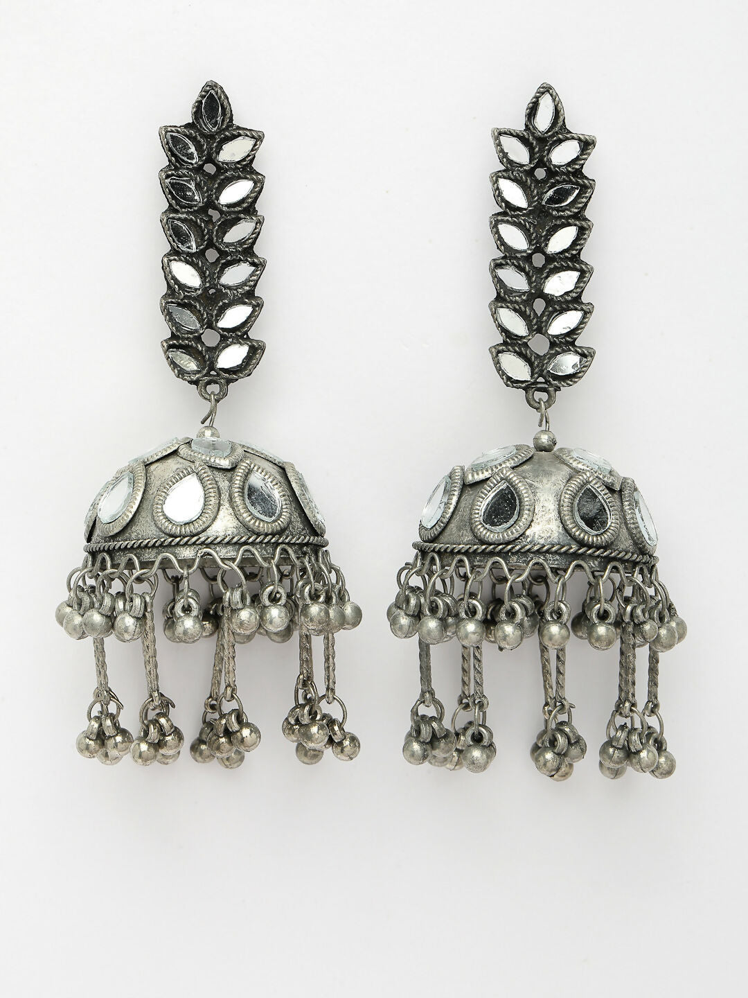 NVR Women's Silver Plated Mirror Work Oxidised Contemporary Jhumka Earrings