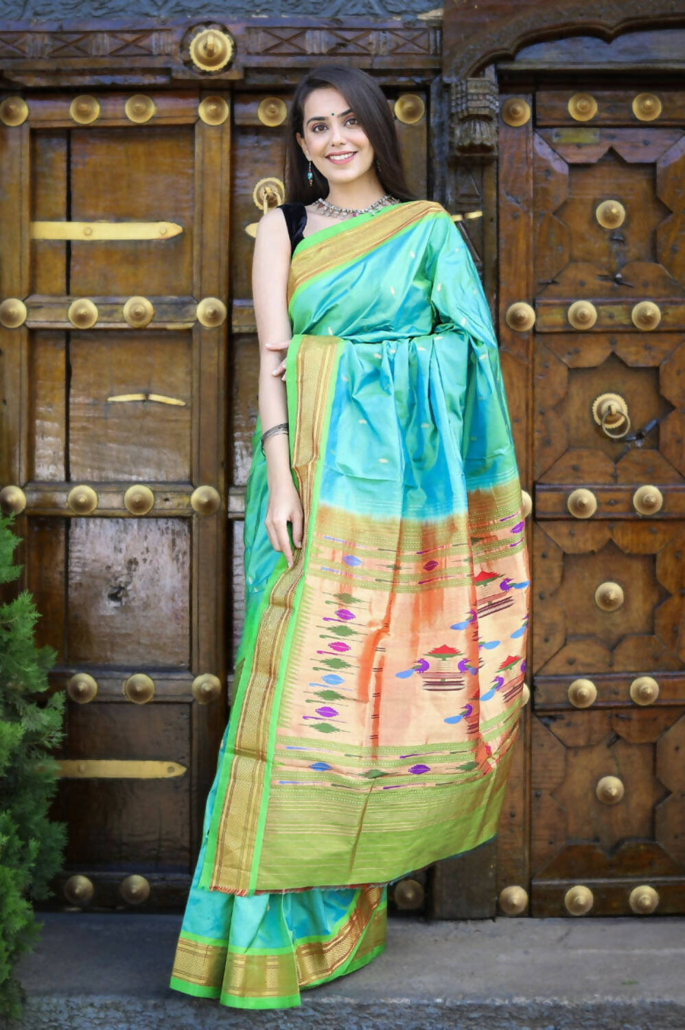Very Much Indian Pure Silk Handloom Paithani -Dual Tone Blue Green