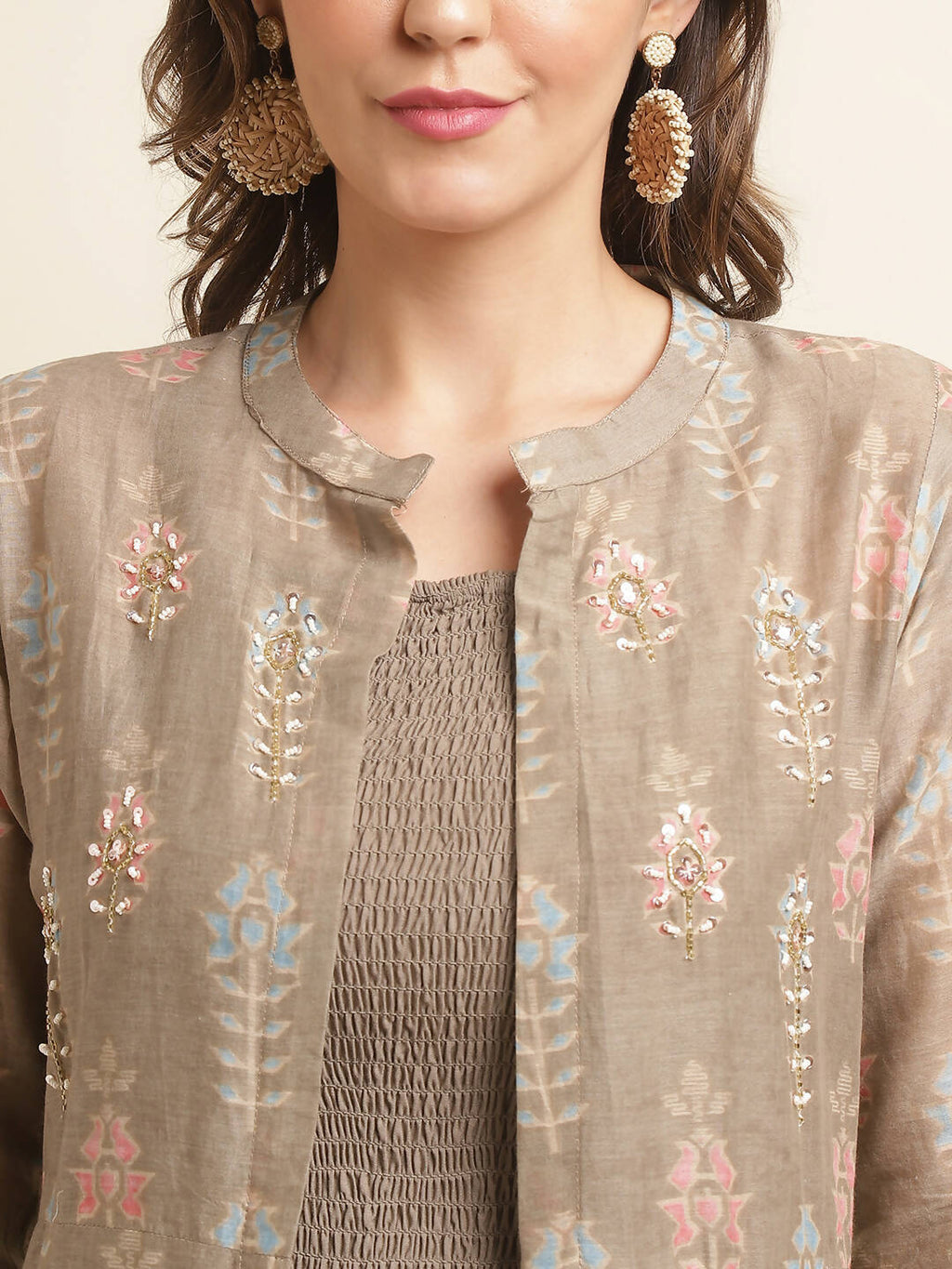 Brown Cotton Solid Flared Dress with Printed Shrug - Yukti
