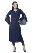 Women's Navy Round Neck Kurti With Front Neck Opening And Dori, Flared Sleeves - G & A Apparels