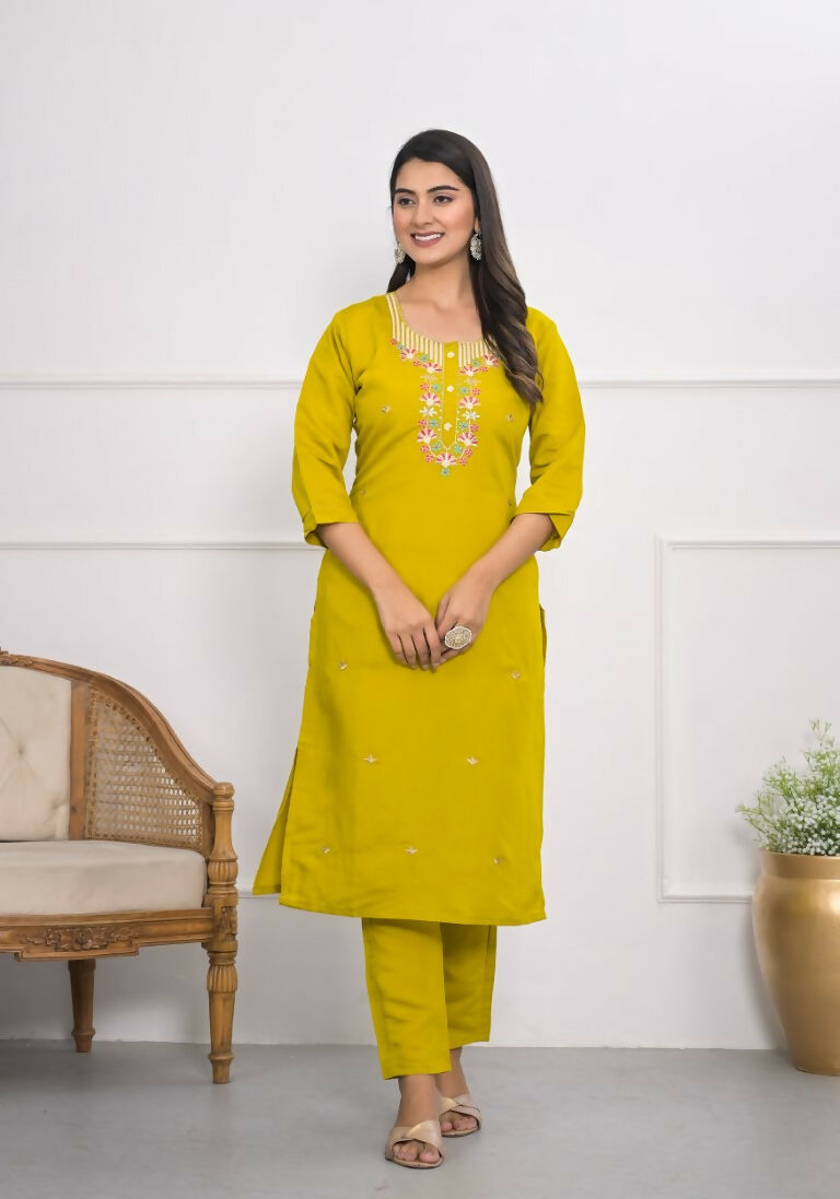 Yellow Viscose Silk Embroidery with Thread and sequence Stitched Suit With Dupatta - Tanisha