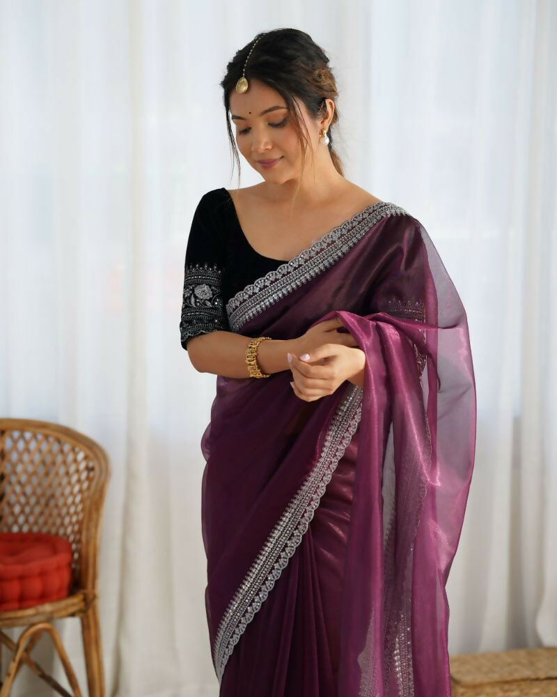 Attrctive Looking Gold Jari, Sequance Embroidery Work Twill Net Party Wear Saree - Wine