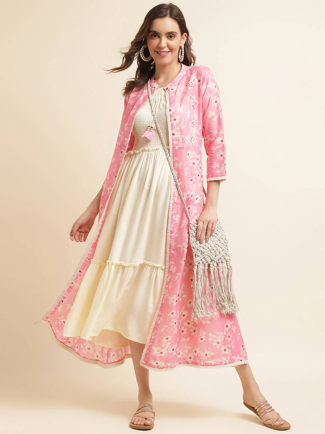 White Cotton Solid Flared Dress with Printed Shrug - Yukti