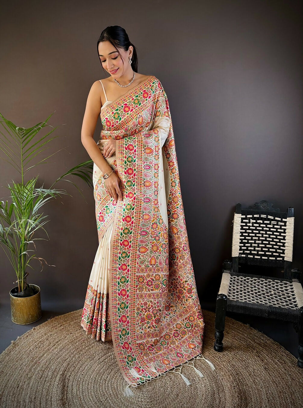 Joban Fashion White Meena Weaves Pashmina Sarees