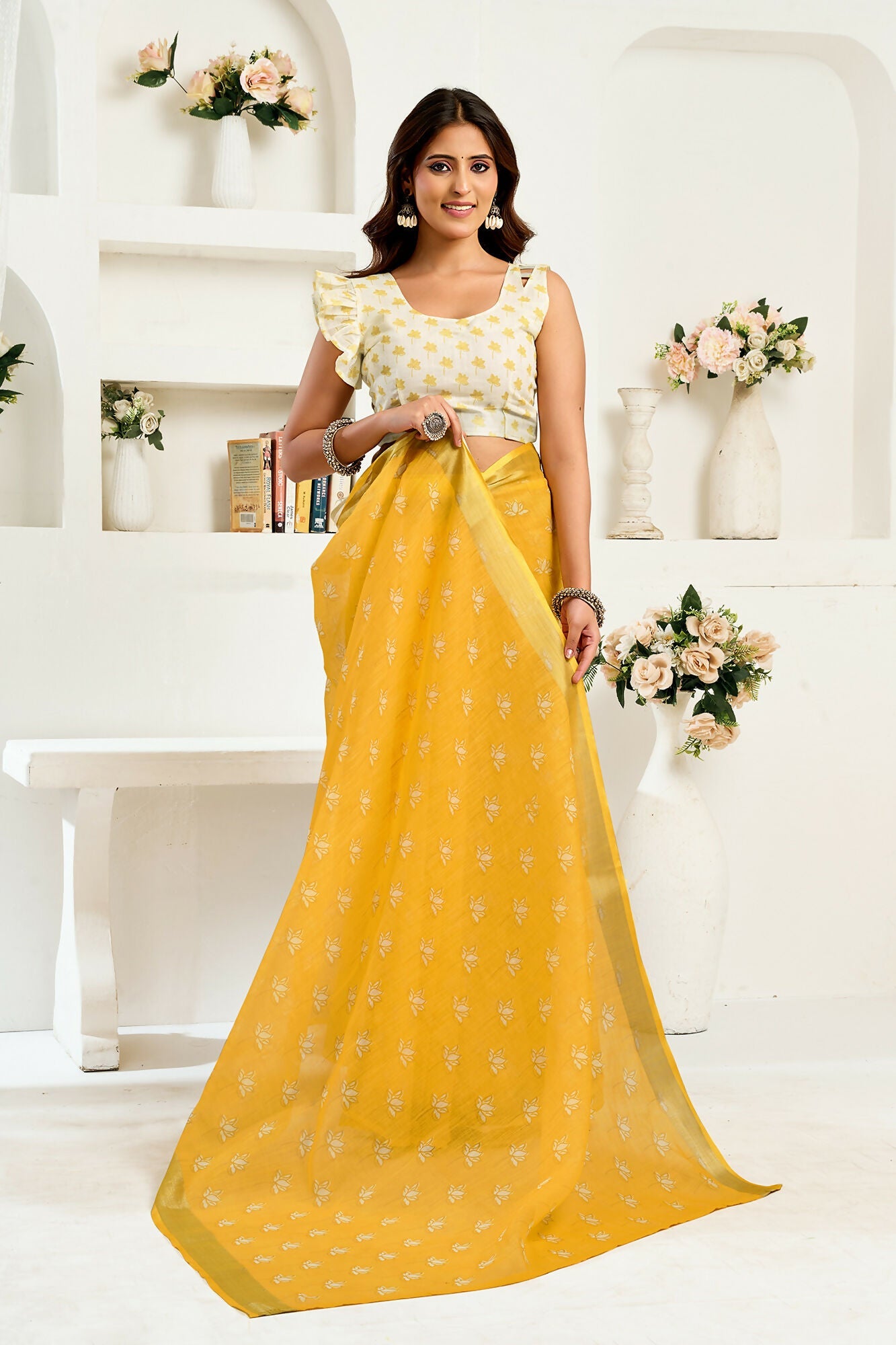 Vastranavya Yellow Digital Printed Linen Ready To Wear Designer Saree with Unstitched Blouse