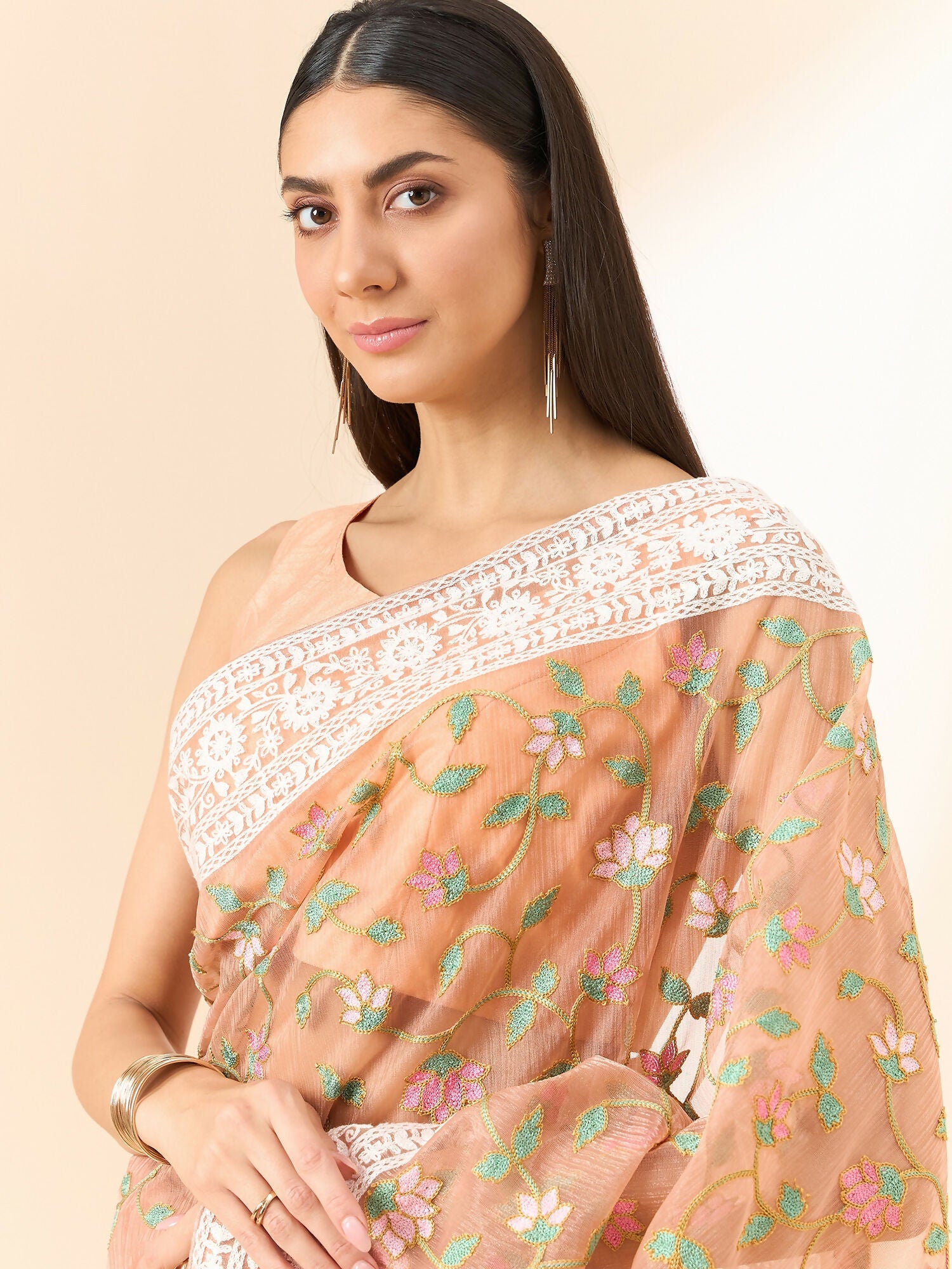 Peach Organza Floral Embroidered Saree with Unstitched Blouse Piece - Roozal